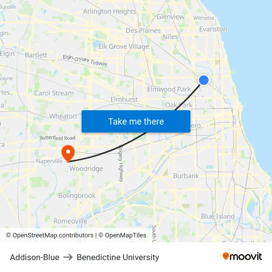Addison-Blue to Benedictine University map