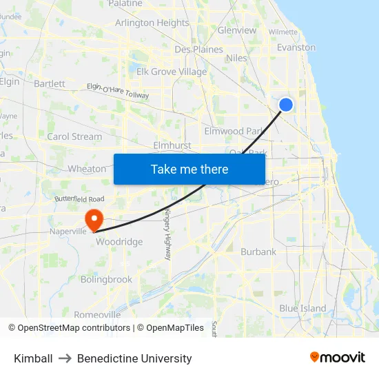 Kimball to Benedictine University map