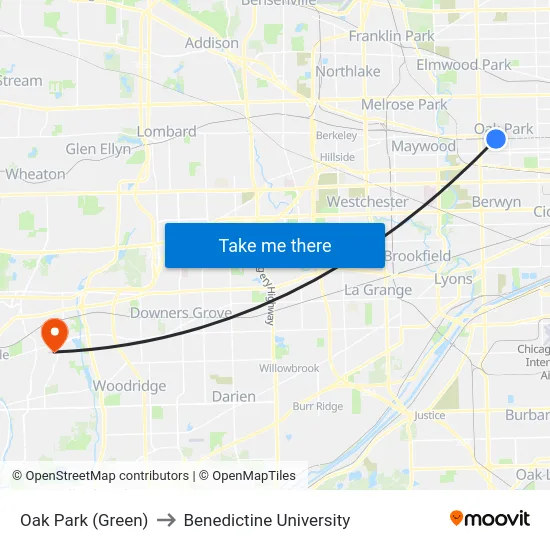 Oak Park (Green) to Benedictine University map