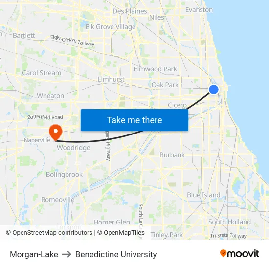 Morgan-Lake to Benedictine University map