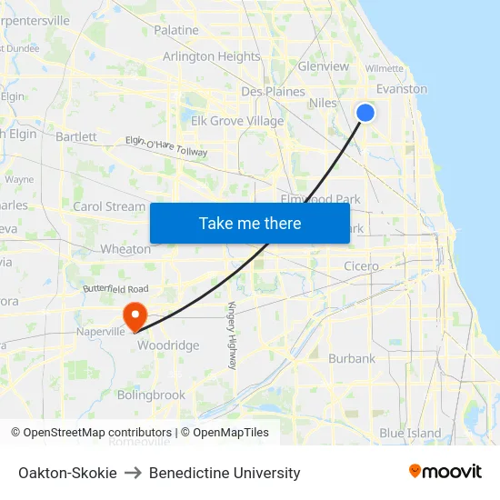 Oakton-Skokie to Benedictine University map
