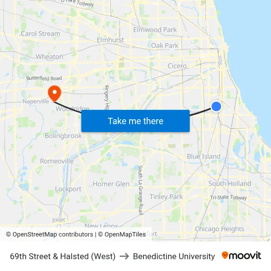 69th Street & Halsted (West) to Benedictine University map