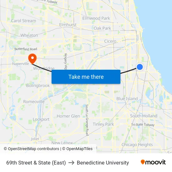 69th Street & State (East) to Benedictine University map