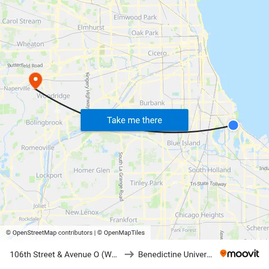 106th Street & Avenue O (West) to Benedictine University map