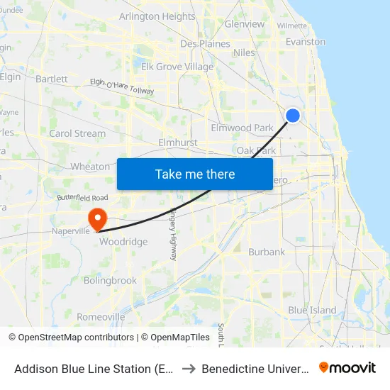 Addison Blue Line Station (East) to Benedictine University map