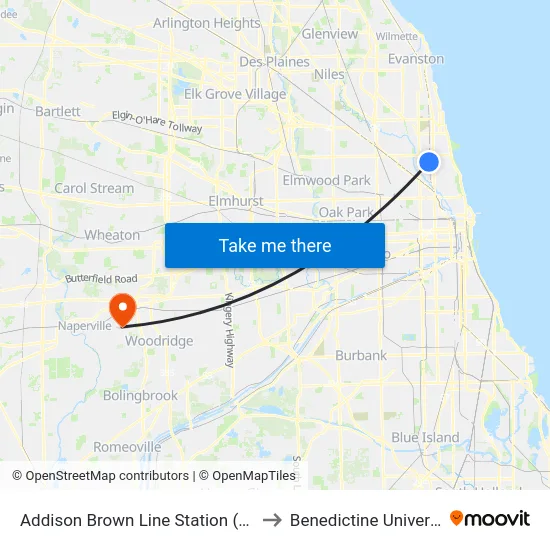 Addison Brown Line Station (East) to Benedictine University map