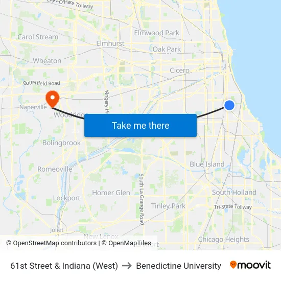 61st Street & Indiana (West) to Benedictine University map