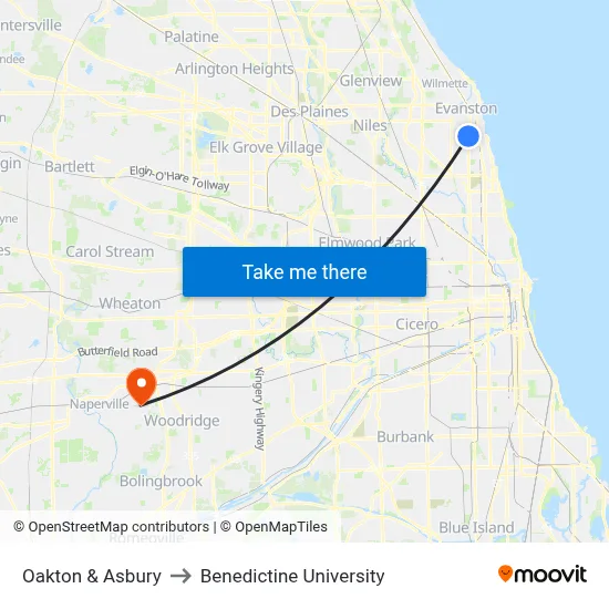 Oakton & Asbury to Benedictine University map
