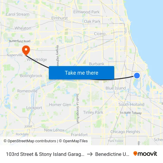 103rd Street & Stony Island Garage Terminal (Se) to Benedictine University map