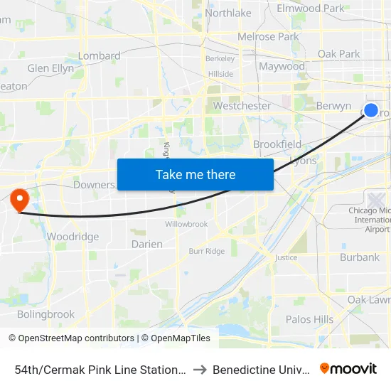 54th/Cermak Pink Line Station (West) to Benedictine University map