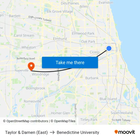 Taylor & Damen (East) to Benedictine University map