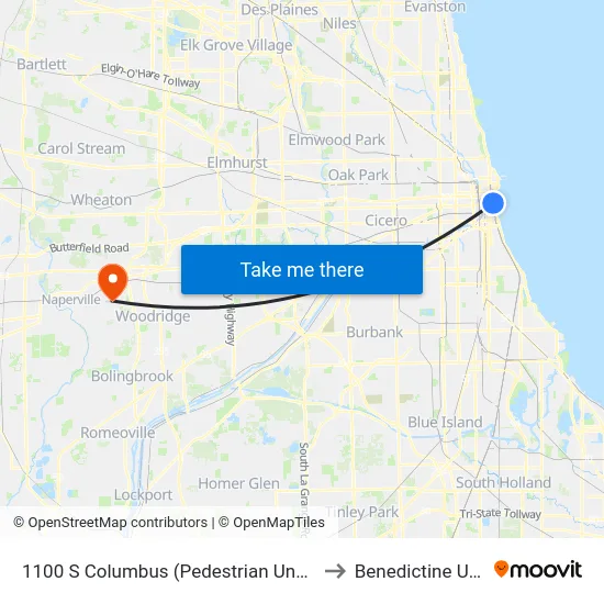 1100 S Columbus (Pedestrian Underpass) (North) to Benedictine University map