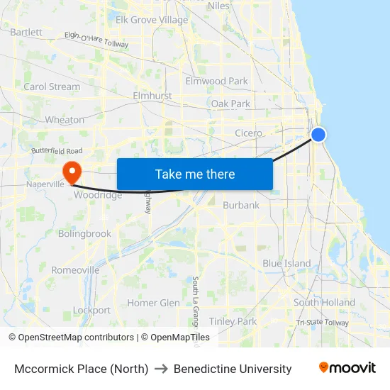 Mccormick Place (North) to Benedictine University map