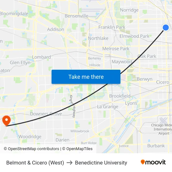 Belmont & Cicero (West) to Benedictine University map
