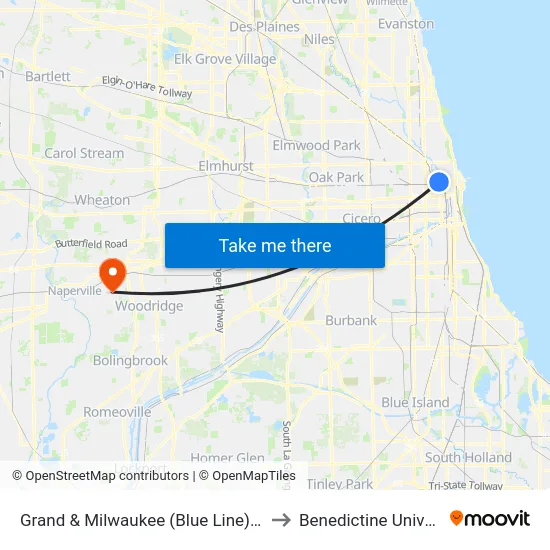 Grand & Milwaukee (Blue Line) (West) to Benedictine University map