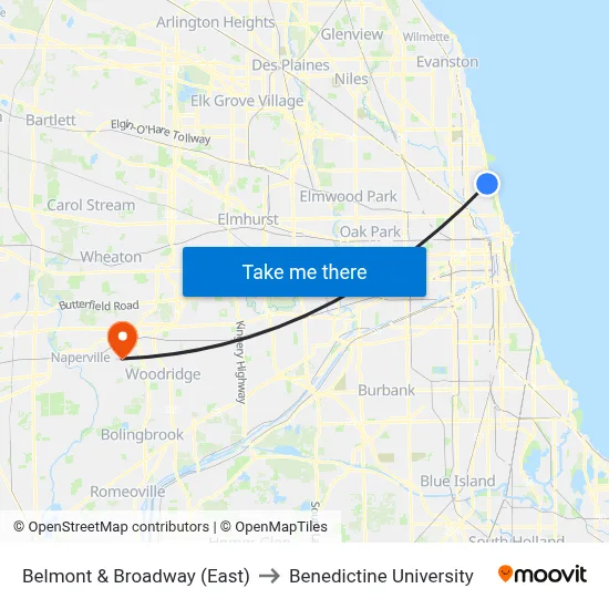Belmont & Broadway (East) to Benedictine University map