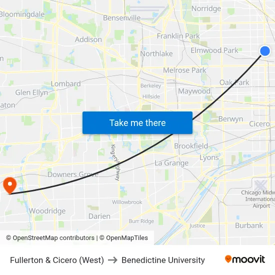 Fullerton & Cicero (West) to Benedictine University map