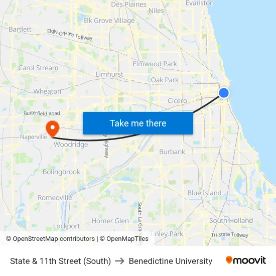 State & 11th Street (South) to Benedictine University map