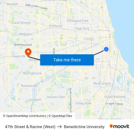 47th Street & Racine (West) to Benedictine University map