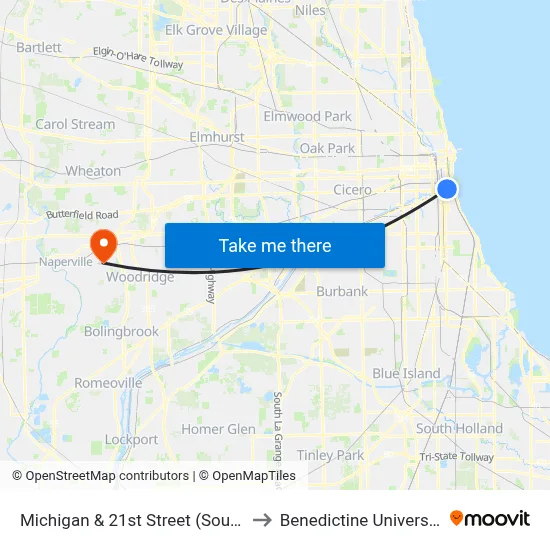 Michigan & 21st Street (South) to Benedictine University map