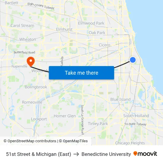 51st Street & Michigan (East) to Benedictine University map