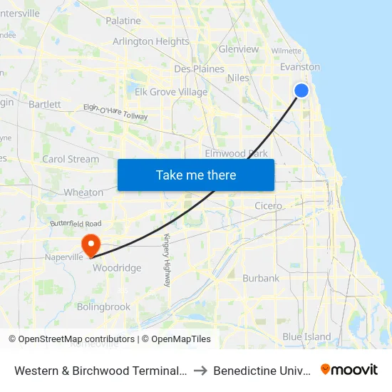 Western & Birchwood Terminal (West) to Benedictine University map