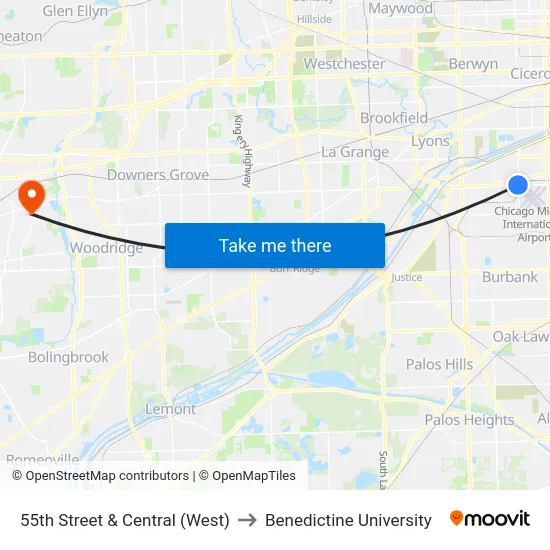 55th Street & Central (West) to Benedictine University map