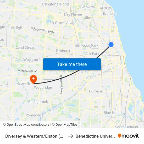 Diversey & Western/Elston (West) to Benedictine University map