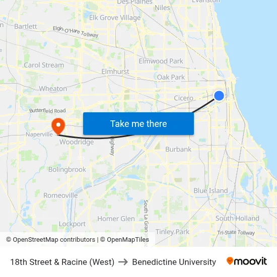 18th Street & Racine (West) to Benedictine University map