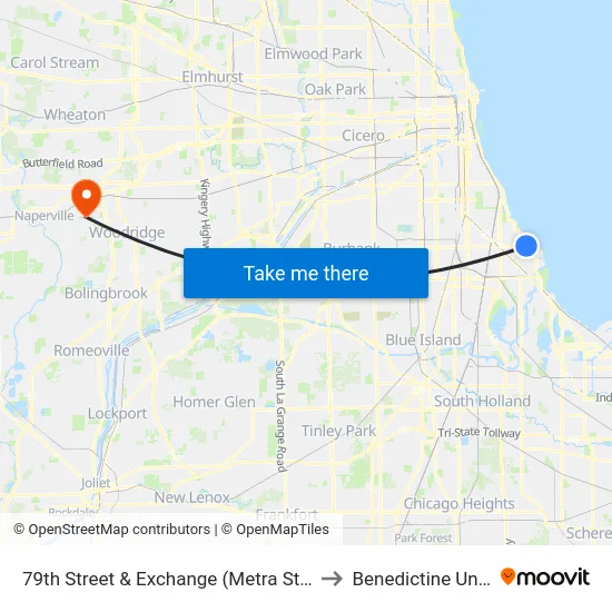 79th Street & Exchange (Metra Station) (West) to Benedictine University map
