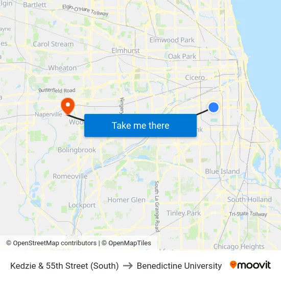 Kedzie & 55th Street (South) to Benedictine University map