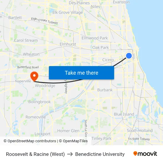 Roosevelt & Racine (West) to Benedictine University map