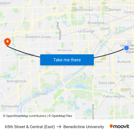 65th Street & Central (East) to Benedictine University map