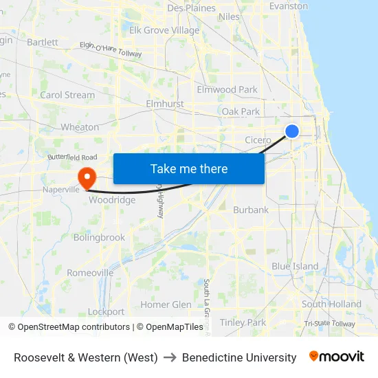 Roosevelt & Western (West) to Benedictine University map