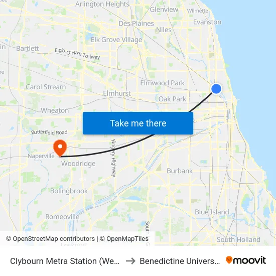Clybourn Metra Station (West) to Benedictine University map