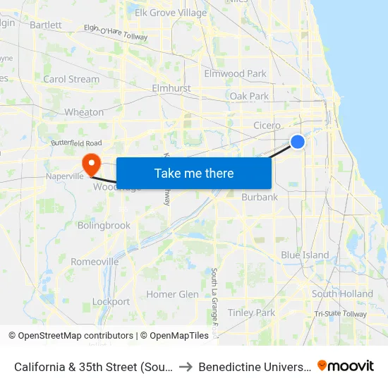California & 35th Street (South) to Benedictine University map