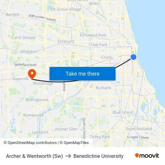 Archer & Wentworth (Sw) to Benedictine University map