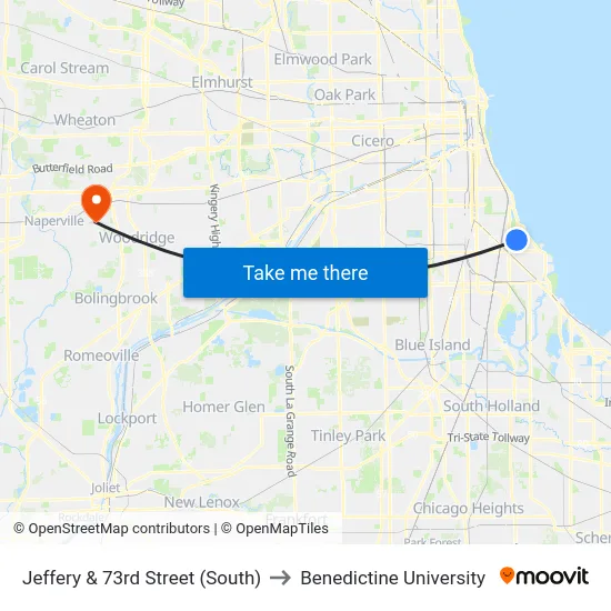 Jeffery & 73rd Street (South) to Benedictine University map