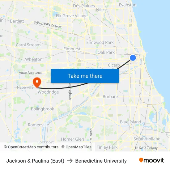 Jackson & Paulina (East) to Benedictine University map