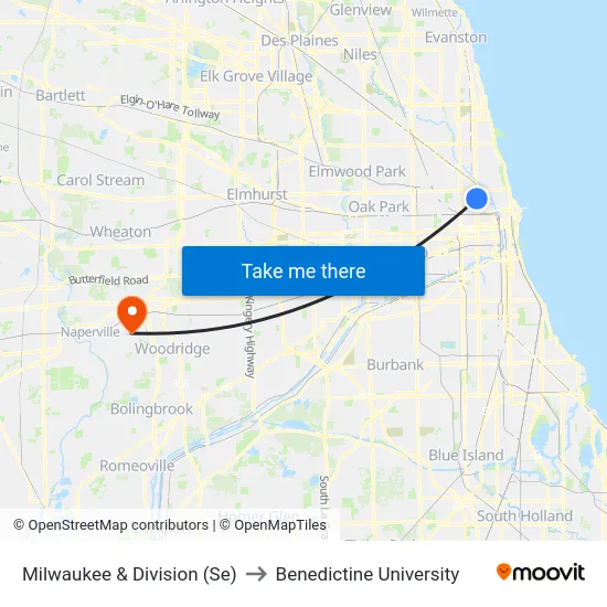 Milwaukee & Division (Se) to Benedictine University map