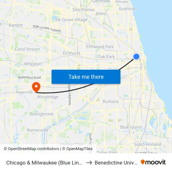 Chicago & Milwaukee (Blue Line) (East) to Benedictine University map