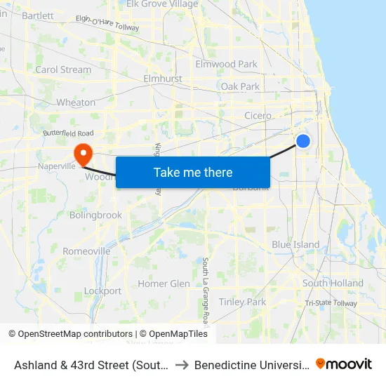 Ashland & 43rd Street (South) to Benedictine University map