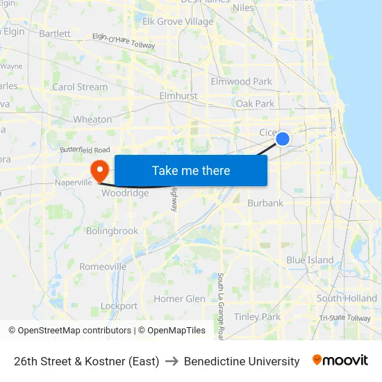 26th Street & Kostner (East) to Benedictine University map