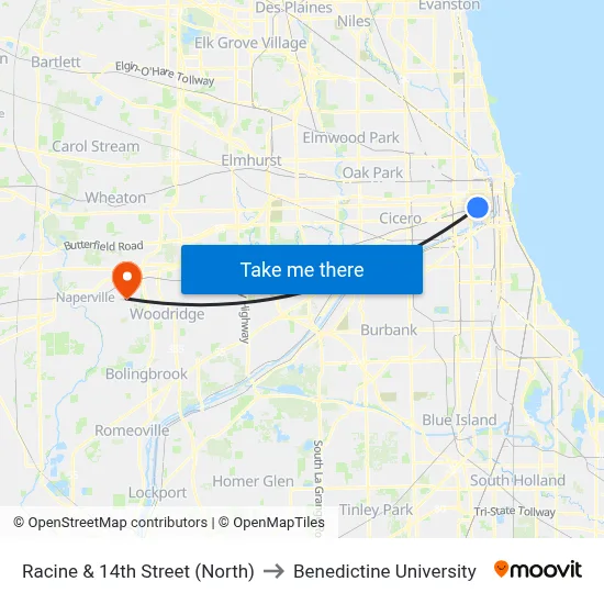 Racine & 14th Street (North) to Benedictine University map