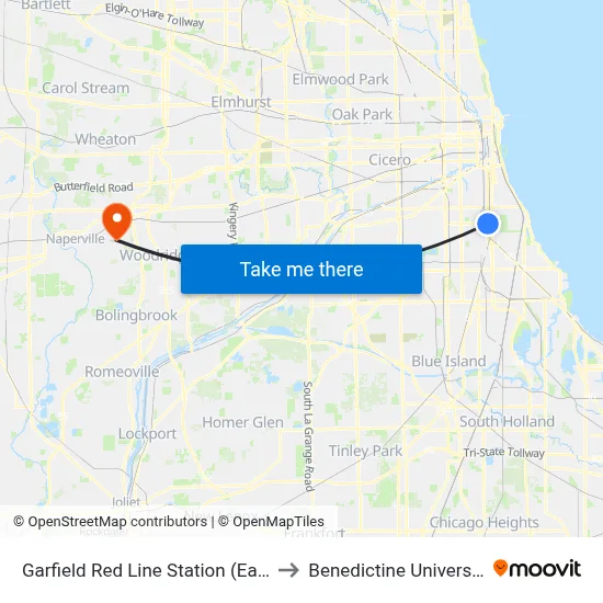 Garfield Red Line Station (East) to Benedictine University map
