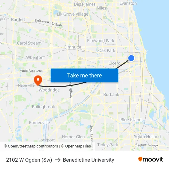 2102 W Ogden (Sw) to Benedictine University map