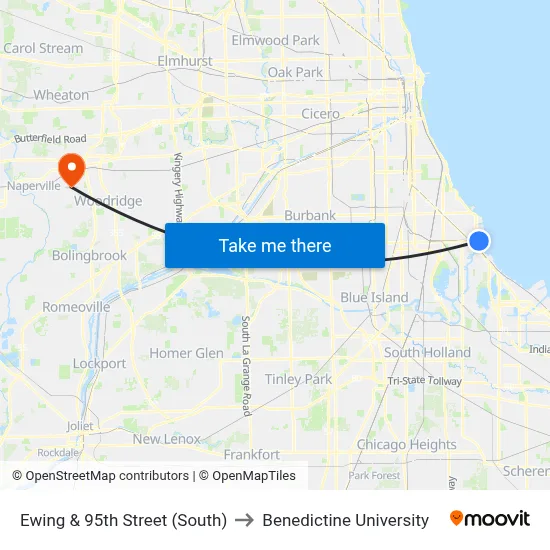Ewing & 95th Street (South) to Benedictine University map