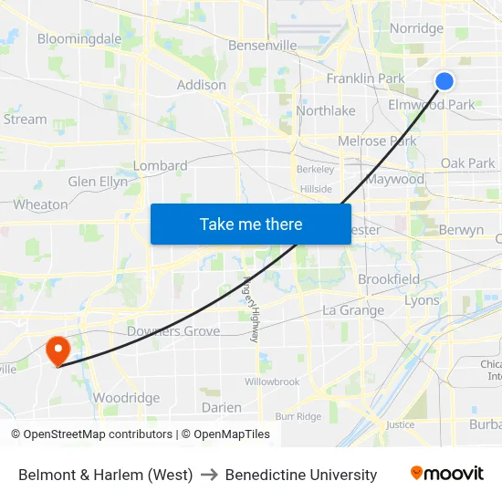 Belmont & Harlem (West) to Benedictine University map