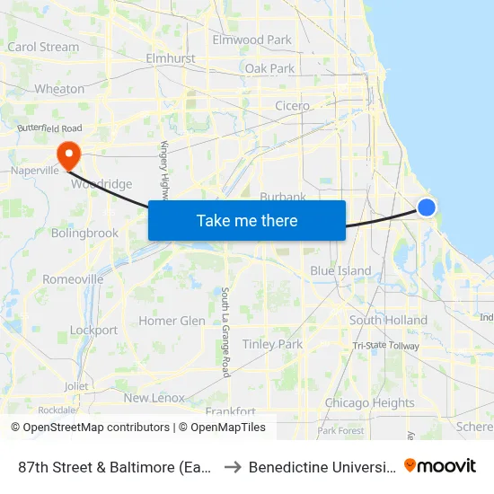 87th Street & Baltimore (East) to Benedictine University map
