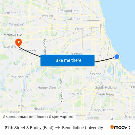 87th Street & Burley (East) to Benedictine University map